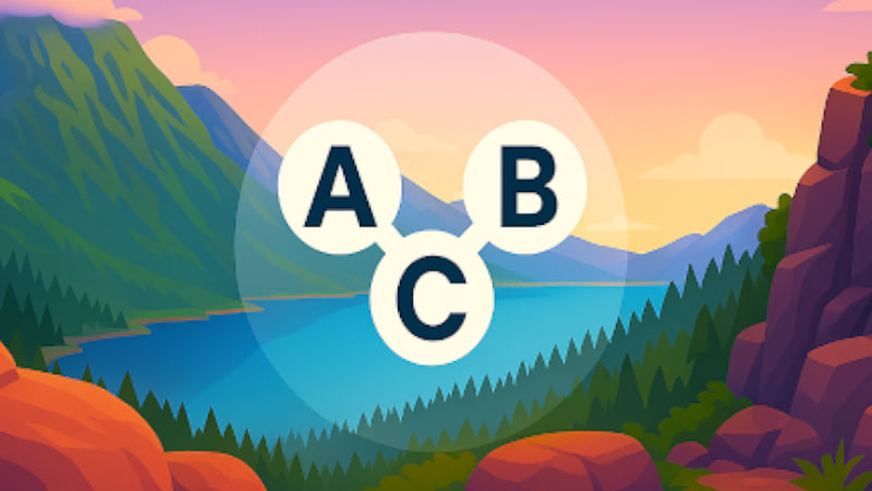 Illustrated mountain landscape and letter bubbles from Crossword Adventure