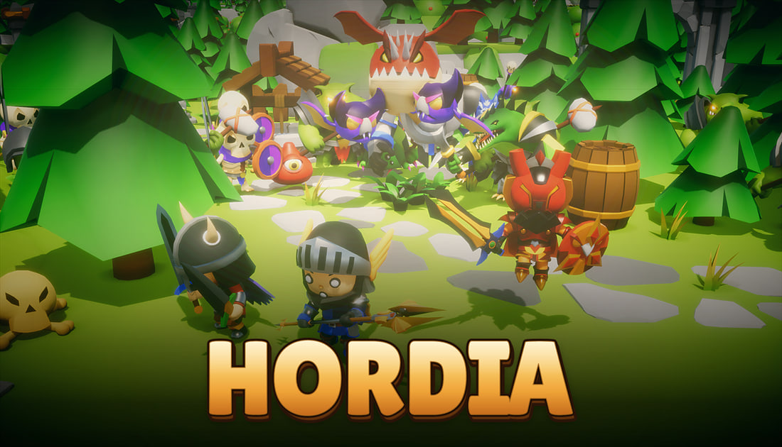 Hordia key art — a party of tiny heroes standing against orcs, skeletons and a dragon in a bright low-poly forest