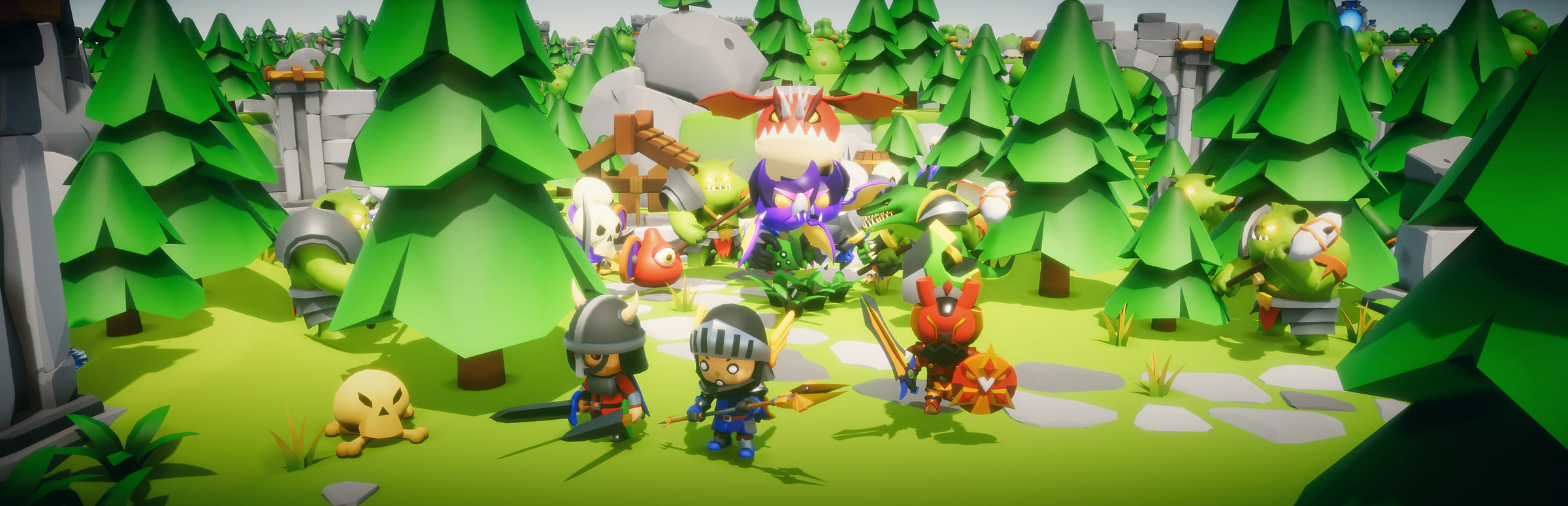 Hordia key art: heroes with sword, bow and spear facing orcs, skeletons and a dragon