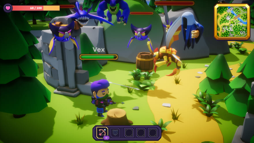 An archer firing at bats and flying monsters perched on rocks