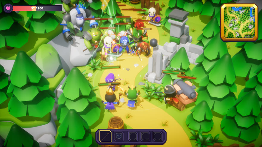 A placed cannon firing into a crowd of enemies beside ancient ruins