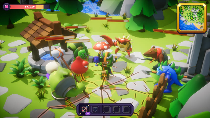 A hero swinging a hammer at a crab, a mushroom and a slime beside a stone well