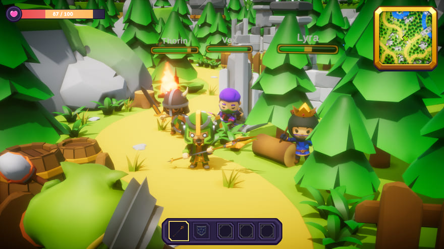 Three player characters standing together beside a campfire on the path